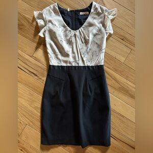 Rebecca Taylor Black and Cream Sheath Dress with Flutter Cap Sleeves